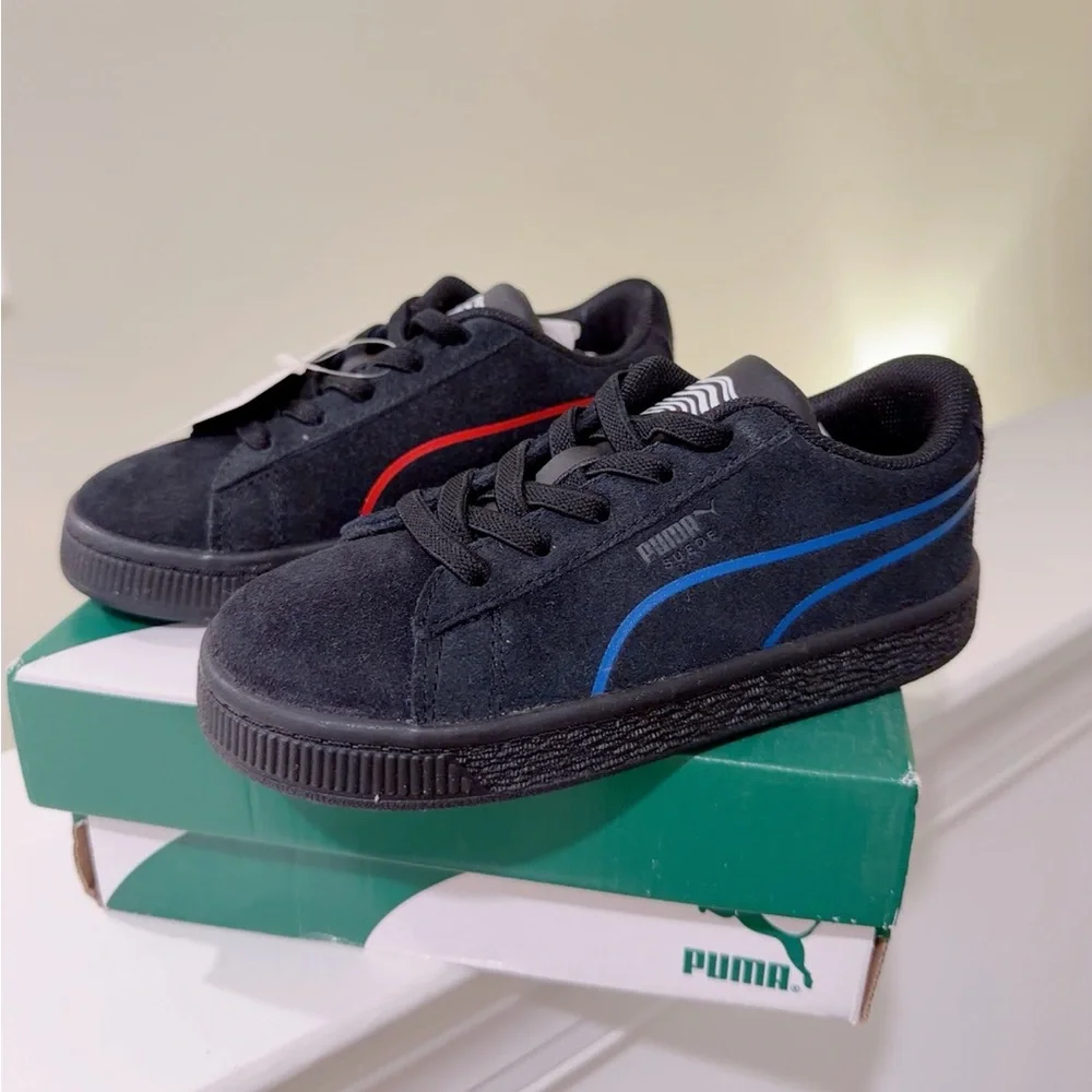 NEW IN BOX Puma Suede Hypnotic INF Kids Shoes - Size 10C (Black/Blue/Red)